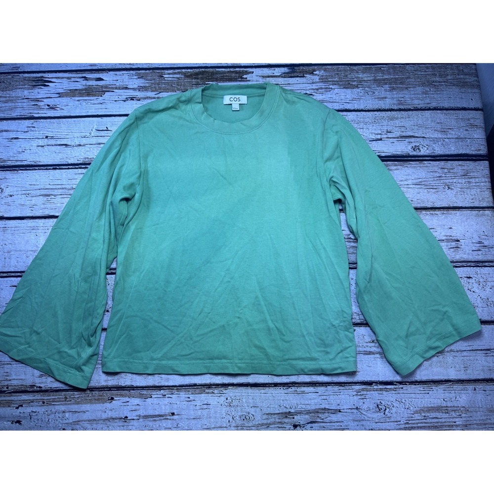 COS 100% Cotton Women's Clean Cut Long Sleeved T-Shirt Small Green *Flaw